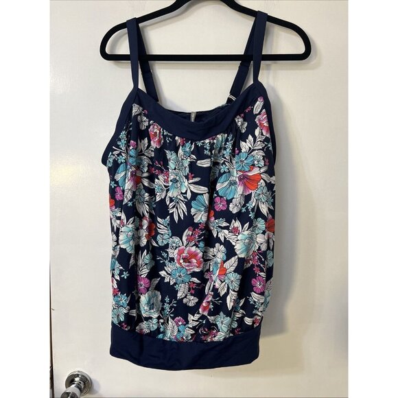 Womens 24W DDD LANDS END Blue Floral BLOUSON TANKINI TOP Bathing Swim - Picture 2 of 6